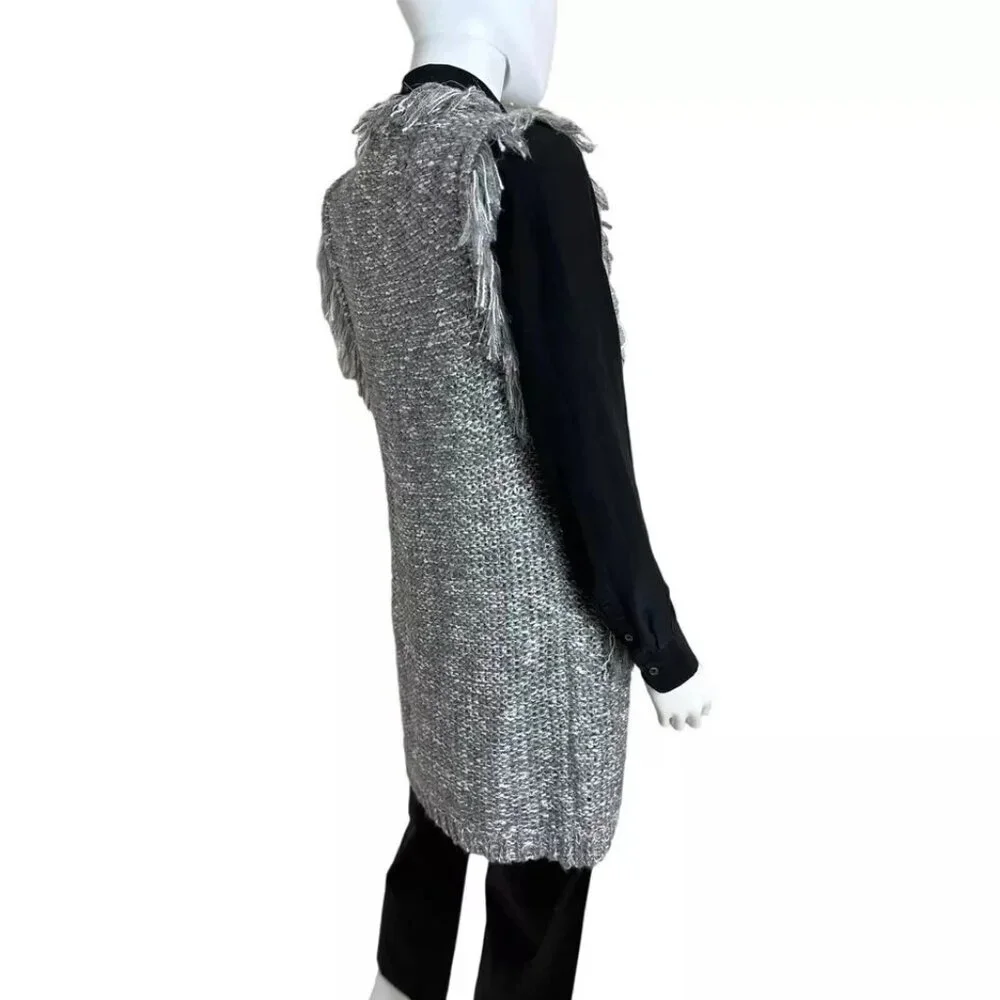 Women's Cable Knit Fringe Maxi Sweater Vest Gray White Silver S/M L/XL